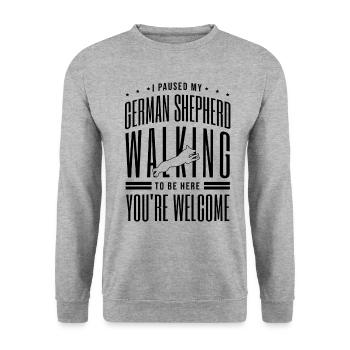 J’ai arrêté mon berger allemand qui marchait pour être ici Chien - Sweat-shirt Unisexe - gris chiné - Devant - Alina (178cm) & Michal (187cm)