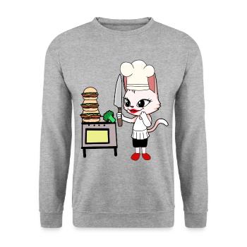 Katze Koch Köchin Köche Katzen Gastgeber - Unisex Pullover - Weißgrau meliert - Vorne - Alina (178cm) & Michal (187cm)