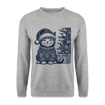Lustige Katze Weihnachten Retro Vintage Stil - Unisex Pullover - Weißgrau meliert - Vorne - Alina (178cm) & Michal (187cm)