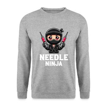 Needle Ninja, funny phlebotomist - Unisex Pullover - Weißgrau meliert - Vorne - Alina (178cm) & Michal (187cm)