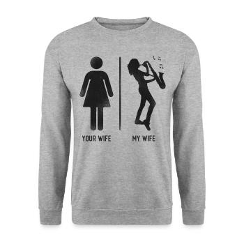 Saxophones Votre femme Ma femme - Sweat-shirt Unisexe - gris chiné - Devant - Alina (178cm) & Michal (187cm)