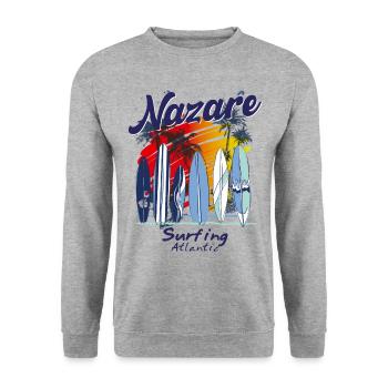 Nazare Portugal Atlantic Surfer Surfen - Unisex Pullover - Weißgrau meliert - Vorne - Alina (178cm) & Michal (187cm)