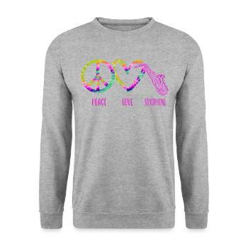 Saxophone Tie Dye Peace Love - Unisex Pullover - Weißgrau meliert - Vorne - Alina (178cm) & Michal (187cm)