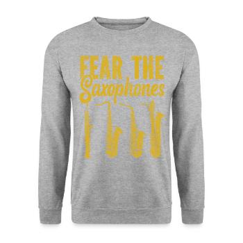 Saxophone Fear The Saxophones - Unisex Pullover - Weißgrau meliert - Vorne - Alina (178cm) & Michal (187cm)