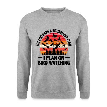 Ja, ich habe einen Altersvorsorgeplan, den ich für Bird plane - Unisex Pullover - Weißgrau meliert - Vorne - Alina (178cm) & Michal (187cm)