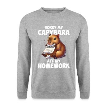 Capybara ate my homework, capybara - Unisex Pullover - Weißgrau meliert - Vorne - Alina (178cm) & Michal (187cm)