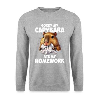 Capybara ate my homework, capybara - Unisex Pullover - Weißgrau meliert - Vorne - Alina (178cm) & Michal (187cm)