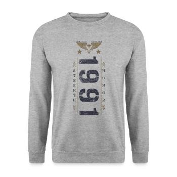 Limited Edition 1991 Birthday Strength and Honor - Unisex Sweatshirt - salt & pepper - Front - Alina (178cm) & Michal (187cm)