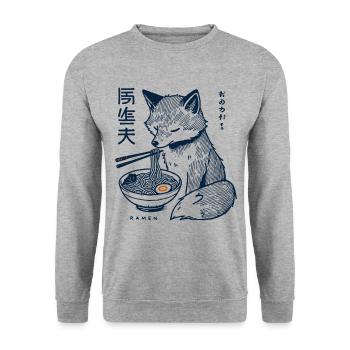 Kitsune Ramen Nudeln Kawaii Retro Ukiyo-e Fuchs - Unisex Pullover - Weißgrau meliert - Vorne - Alina (178cm) & Michal (187cm)