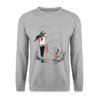Bandeau de cœur entre l’homme et le chien - Sweat-shirt Unisexe - gris chiné - Devant - Alina (178cm) & Michal (187cm)
