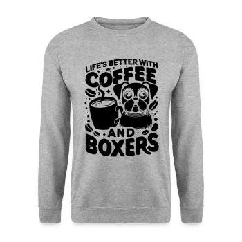 Das Leben ist besser mit Kaffee und Boxershorts Koffein - Unisex Pullover - Weißgrau meliert - Vorne - Alina (178cm) & Michal (187cm)