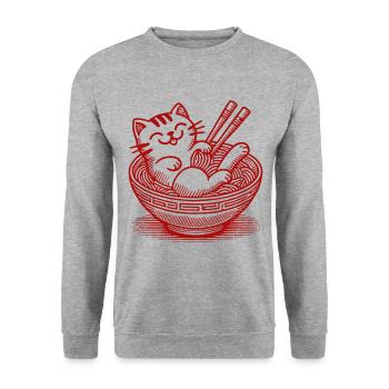 Kawaii Katze in Ramen Nudeln Japanisches Essen - Unisex Pullover - Weißgrau meliert - Vorne - Alina (178cm) & Michal (187cm)