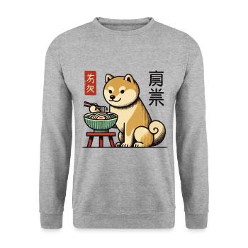 Ramen Nudeln essender Shiba Hund Japan Ukiyo-E - Unisex Pullover - Weißgrau meliert - Vorne - Alina (178cm) & Michal (187cm)
