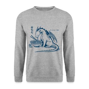 Ramen Drachen Lustig Ukiyo-E Japanisches Kawaii - Unisex Pullover - Weißgrau meliert - Vorne - Alina (178cm) & Michal (187cm)