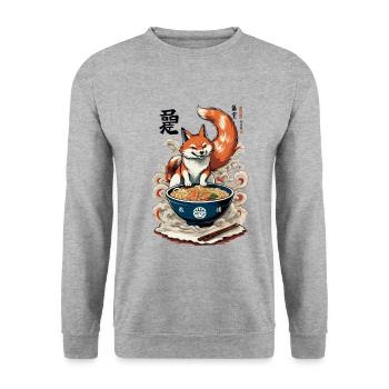 Kitsune Fuchs Ramen Retro Ukiyo-e Japan Kawaii - Unisex Pullover - Weißgrau meliert - Vorne - Alina (178cm) & Michal (187cm)