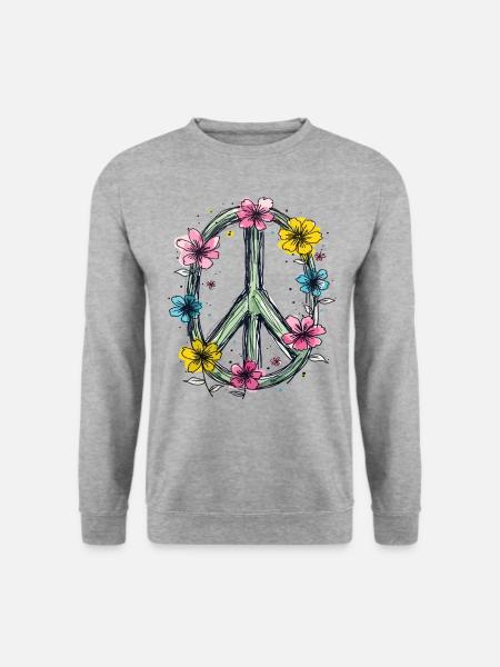 Friedenszeichen Love Peace Hippie 70er 60er Jahre - Unisex Pullover - Weißgrau meliert
