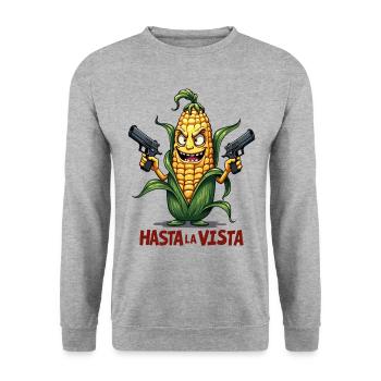 Gangster Corn Hasta La Vista – Corn on the Cob Gangster - Unisex Sweatshirt - salt & pepper - Front - Alina (178cm) & Michal (187cm)