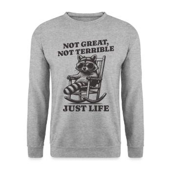 Lustiger Waschbär Spruch – Just Life - Unisex Pullover - Weißgrau meliert - Vorne - Alina (178cm) & Michal (187cm)