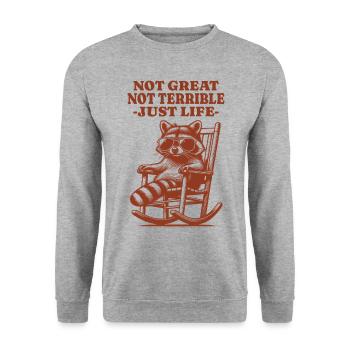 Lustiger Waschbär Spruch – Just Life - Unisex Pullover - Weißgrau meliert - Vorne - Alina (178cm) & Michal (187cm)