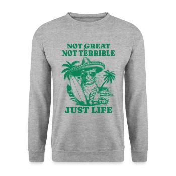 Lustiger Waschbär Spruch – Just Life - Unisex Pullover - Weißgrau meliert - Vorne - Alina (178cm) & Michal (187cm)