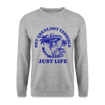 Lustiger Waschbär Spruch – Just Life - Unisex Pullover - Weißgrau meliert - Vorne - Alina (178cm) & Michal (187cm)