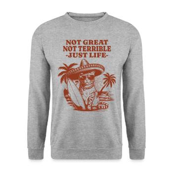 Lustiger Waschbär Spruch – Just Life - Unisex Pullover - Weißgrau meliert - Vorne - Alina (178cm) & Michal (187cm)