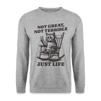 Lustiger Waschbär Spruch – Just Life - Unisex Pullover - Weißgrau meliert - Vorne - Alina (178cm) & Michal (187cm)