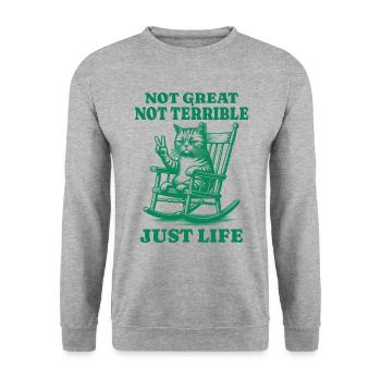 Lustiger Waschbär Spruch – Just Life - Unisex Pullover - Weißgrau meliert - Vorne - Alina (178cm) & Michal (187cm)