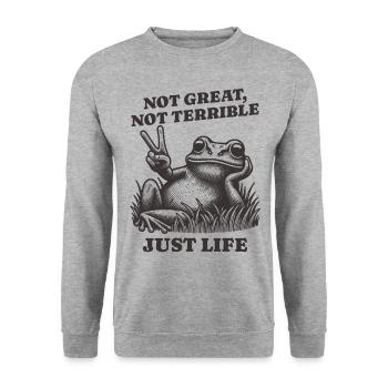 Lustiger Waschbär Spruch – Just Life - Unisex Pullover - Weißgrau meliert - Vorne - Alina (178cm) & Michal (187cm)