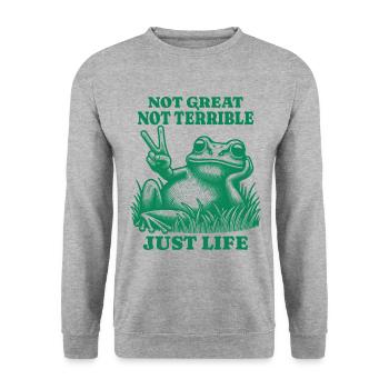 Lustiger Waschbär Spruch – Just Life - Unisex Pullover - Weißgrau meliert - Vorne - Alina (178cm) & Michal (187cm)