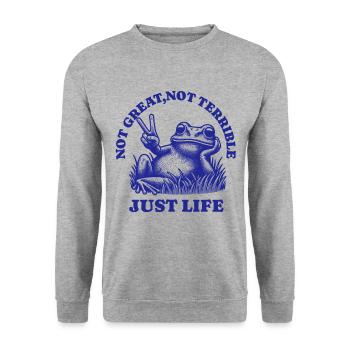 Lustiger Waschbär Spruch – Just Life - Unisex Pullover - Weißgrau meliert - Vorne - Alina (178cm) & Michal (187cm)