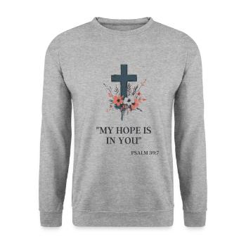Cross with Psalm 39:7: My Hope in You - Unisex Sweatshirt - salt & pepper - Front - Alina (178cm) & Michal (187cm)