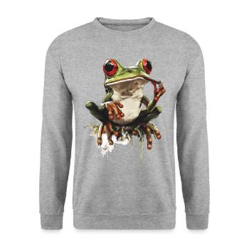 Frosch mit Joint und roten Augen - Weed Frosch - Unisex Pullover - Weißgrau meliert - Vorne - Alina (178cm) & Michal (187cm)