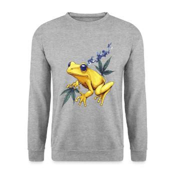 Gelber Frosch mit Rauchwolke - Weed Frosch - Unisex Pullover - Weißgrau meliert - Vorne - Alina (178cm) & Michal (187cm)