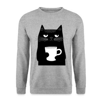 Minimaliste : Chat noir avec tasse à café - Sweat-shirt Unisexe - gris chiné - Devant - Alina (178cm) & Michal (187cm)