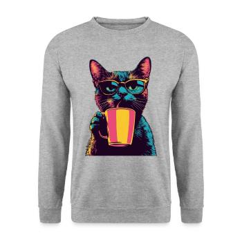 Retro Cat with Glasses & Coffee - Unisex Sweatshirt - salt & pepper - Front - Alina (178cm) & Michal (187cm)