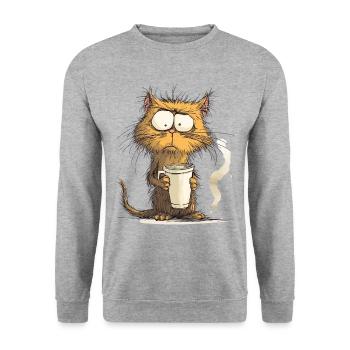 Morning grouch cat with coffee - Unisex Sweatshirt - salt & pepper - Front - Alina (178cm) & Michal (187cm)