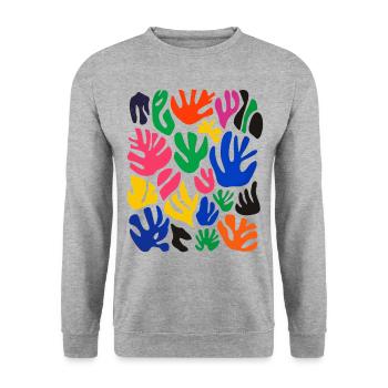 Matisse inspiriert: Abstraktes Blumenmuster Bunt - Unisex Pullover - Weißgrau meliert - Vorne - Alina (178cm) & Michal (187cm)