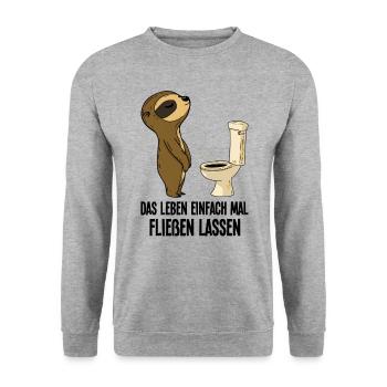 Faultier Pinkelt Leben Einfach Mal Fließen Lassen - Unisex Pullover - Weißgrau meliert - Vorne - Alina (178cm) & Michal (187cm)