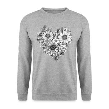 Herz aus skizzierten Blüten - Elegante Blumenkunst - Unisex Pullover - Weißgrau meliert - Vorne - Alina (178cm) & Michal (187cm)