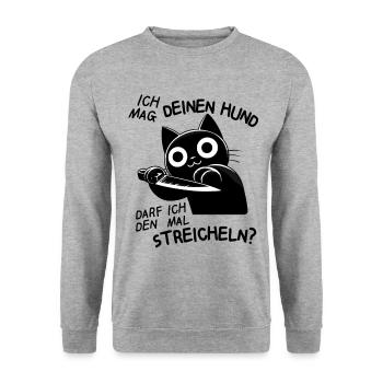 Süße Katze mit Messer – Niedlich, aber tödlich - Unisex Pullover - Weißgrau meliert - Vorne - Alina (178cm) & Michal (187cm)