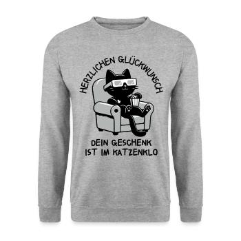 Herzlichen Glückwunsch - Geschenk ist im Katzenklo - Unisex Pullover - Weißgrau meliert - Vorne - Alina (178cm) & Michal (187cm)
