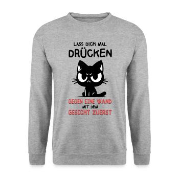 Gegen die Wand mit Gesicht zuerst - Katze sagt's. - Unisex Pullover - Weißgrau meliert - Vorne - Alina (178cm) & Michal (187cm)