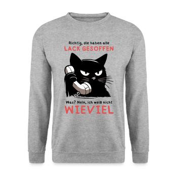 Lack gesoffen? Wieviel?! – Genervte Telefonkatze - Unisex Pullover - Weißgrau meliert - Vorne - Alina (178cm) & Michal (187cm)