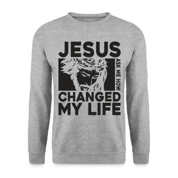 Jesus Changed My Life Ask Me How - Unisex Sweatshirt - salt & pepper - Front - Alina (178cm) & Michal (187cm)