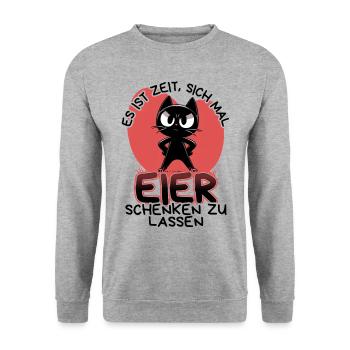 Zeit für Eier – Katze mit Haltung und Ansage - Unisex Pullover - Weißgrau meliert - Vorne - Alina (178cm) & Michal (187cm)