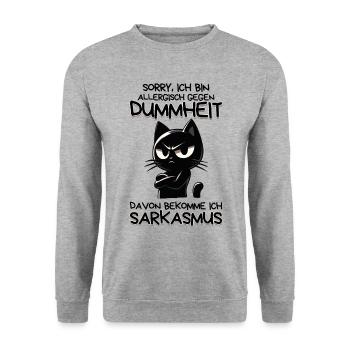 Allergisch gegen Dummheit – Katze mit Sarkasmus - Unisex Pullover - Weißgrau meliert - Vorne - Alina (178cm) & Michal (187cm)