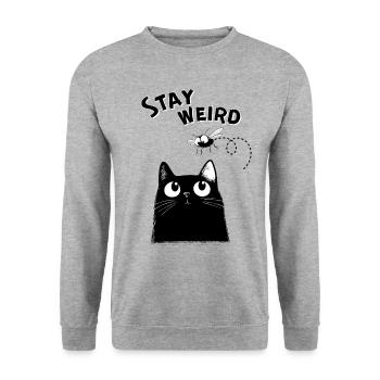 Stay Weird – Lustige schwarze Katze - Unisex Pullover - Weißgrau meliert - Vorne - Alina (178cm) & Michal (187cm)