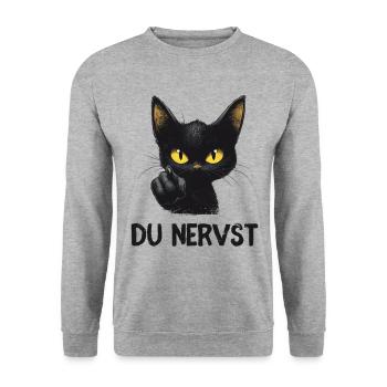 Witzige schwarze Katze sagt: Du nervst - Unisex Pullover - Weißgrau meliert - Vorne - Alina (178cm) & Michal (187cm)