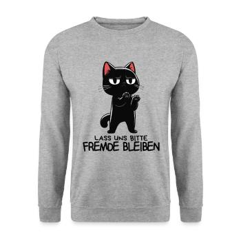 Lass unsFremde bleiben - Schwarze Katze Zynisch - Unisex Pullover - Weißgrau meliert - Vorne - Alina (178cm) & Michal (187cm)